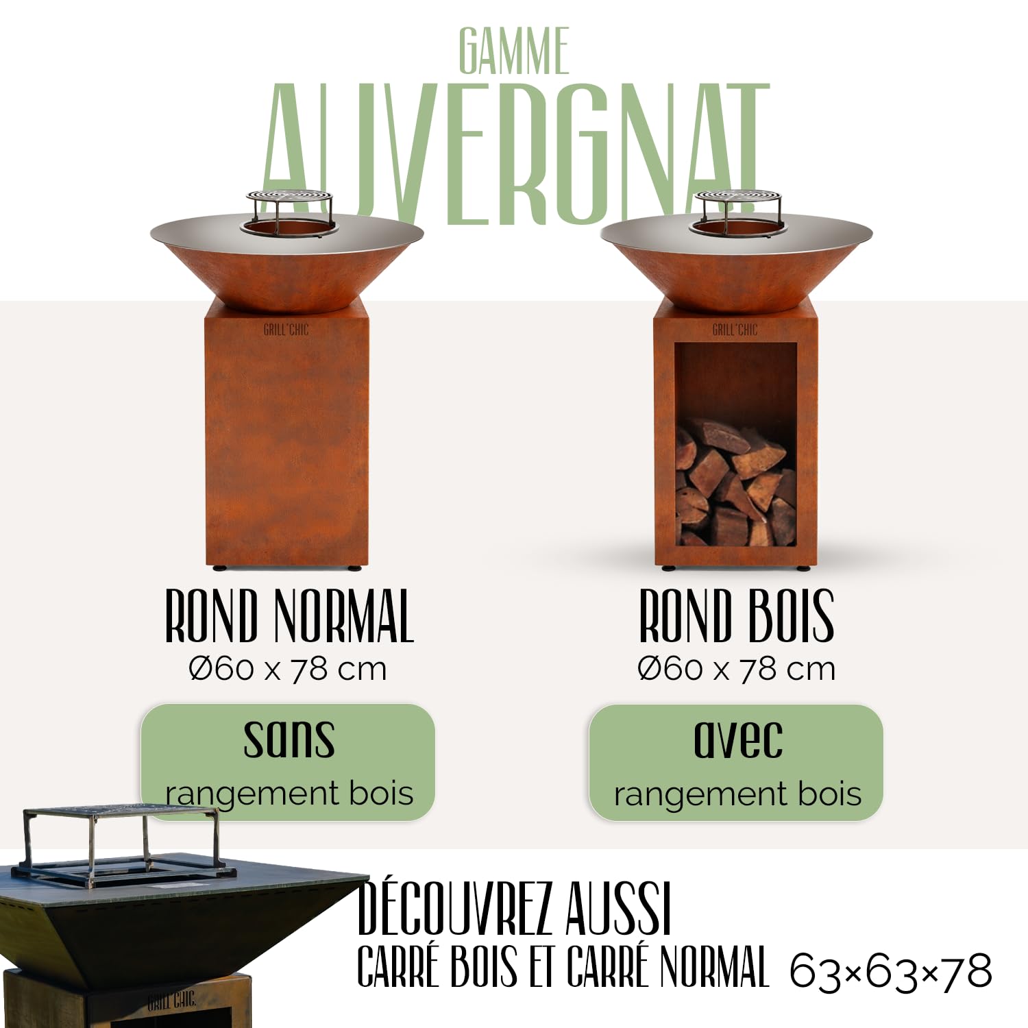 GRILL'CHIC - Pack Privilège Brasero Auvergnat Corten Normal Rond - Simple Cuve - Avec Bâche + Grille + Stop Food Inclus - À Assembler - Fabriqué en France - Ø60 x 78 cm