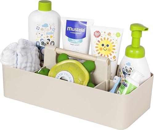 Miniatura 1 de Organizador de plástico para baby shower, organizador portátil de almacenamiento para niñosniños, cesta dividida con mango de madera para baño,