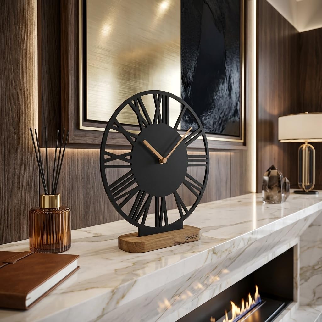 FLEXISTYLE Stehende Uhr aus Holz Eiche 30 cm – Moderne Tischuhr, Standuhr mit Lautlosem Quarzmechanismus ohne Tickgeräusche, Minimalistisches Design für Wohnzimmer, Büro & Schlafzimmer