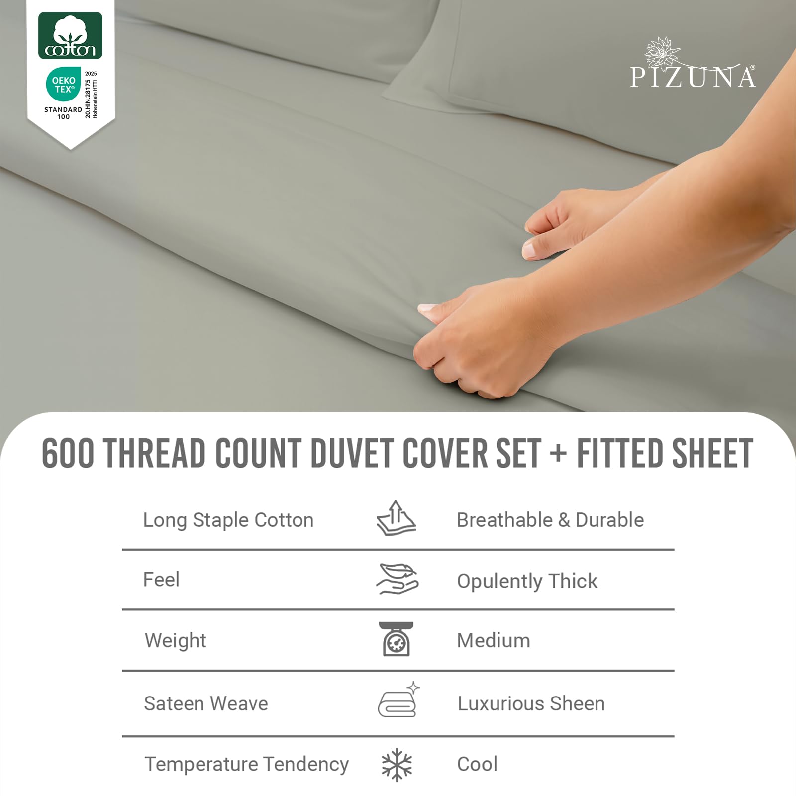 Pizuna Pure Combed Cotton Double Bedding Set, 600 Thread Count 100% Long Staple Cotton - Image 2