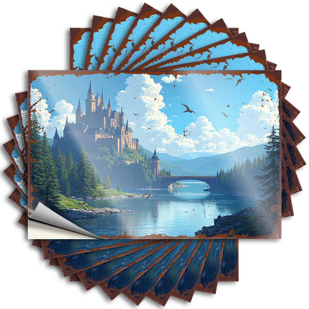 Decals Front Porch Fall Decor Outside Porch Vinyl Sticker | Fantasy Castle By The Serene Lake with Birds Flying Above Fluffy for Girl Use(6X9CM)