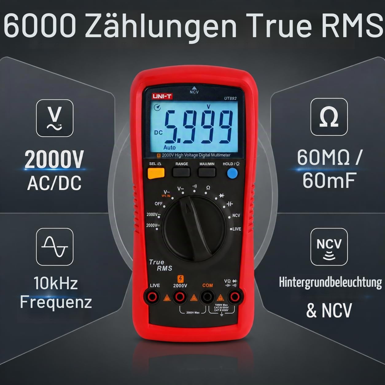 UNI-T UT892 Hochspannungsmultimeter AC/DC mit integriertem VFC Modus NCV 6000 RMS 2000V