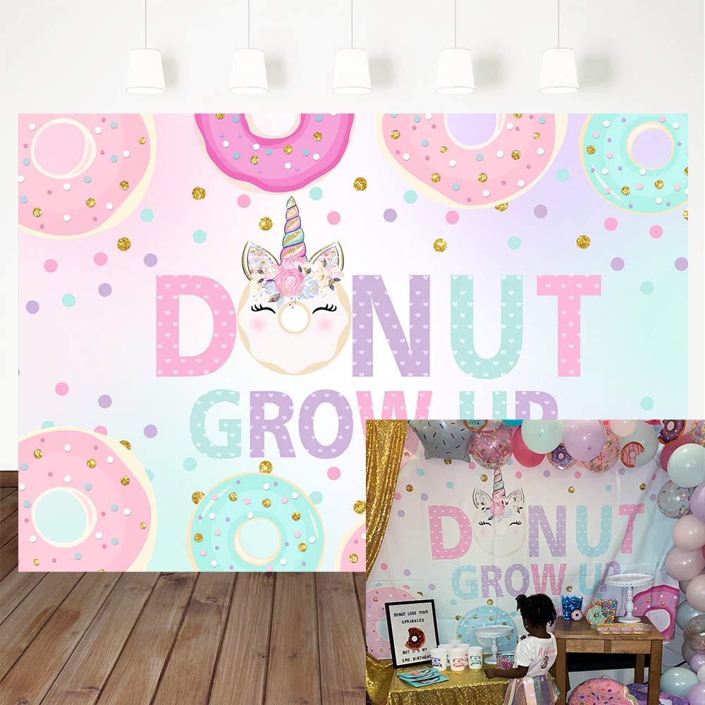 Photo 1 of Avezano Donut Grow Up Birthday Party Backdrop, Unicorn Donut Birthday Party Decorations Donut Girl Birthday Party Banner Photography Background (7x5ft)