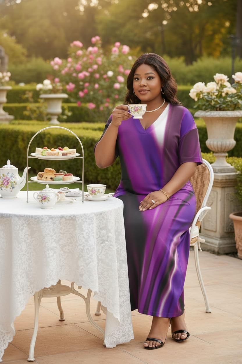 Runwind Plus Size Maxi Dress for Women Short Sleeve V Neck Casual Long Dresses with Pockets - Image 3