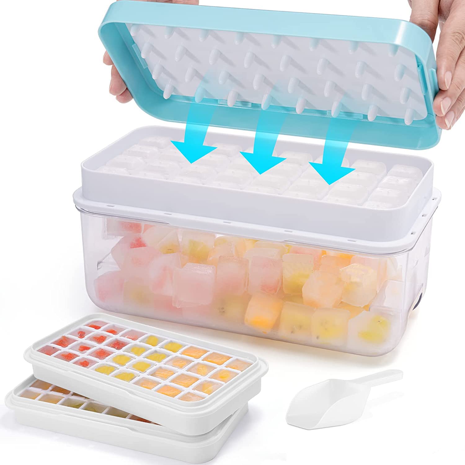 AUTOYSUR Press Type 64-Ice Cube Tray, Quickly Ice Cubes Release - Plastic Stackable Maker Mold with Ice Container, Scoop and Lid for Freezer, Whiskey, Cocktail, Tea, Coffee (Blue-2)