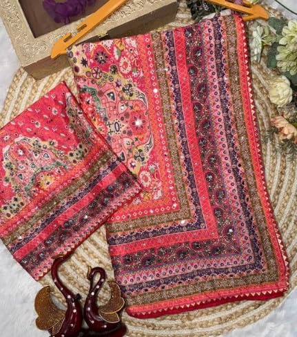 Image of Women's Chinon Silk Saree with Printed Design, Mirror Work & Zari Woven Detailing | Ethnic Wear Saree with Unstitched Blouse Piece | Traditional Festive & WeddingWear
