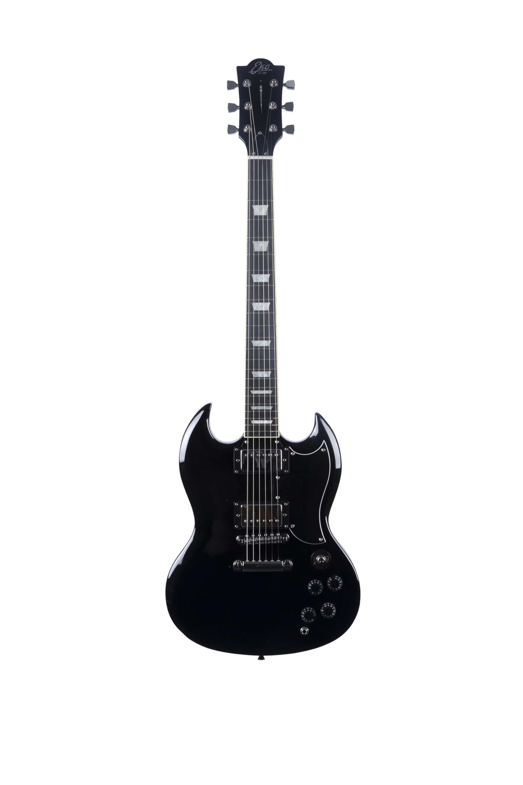 EKO GUITARS - Chitarra Elettrica DV-300, Corpo Pioppo, Manico Acero, Tastiera Laurel, 2 Humbucker, Ponte Tune‑O‑Matic, 22 Tasti, Stile SG, Colore Nero