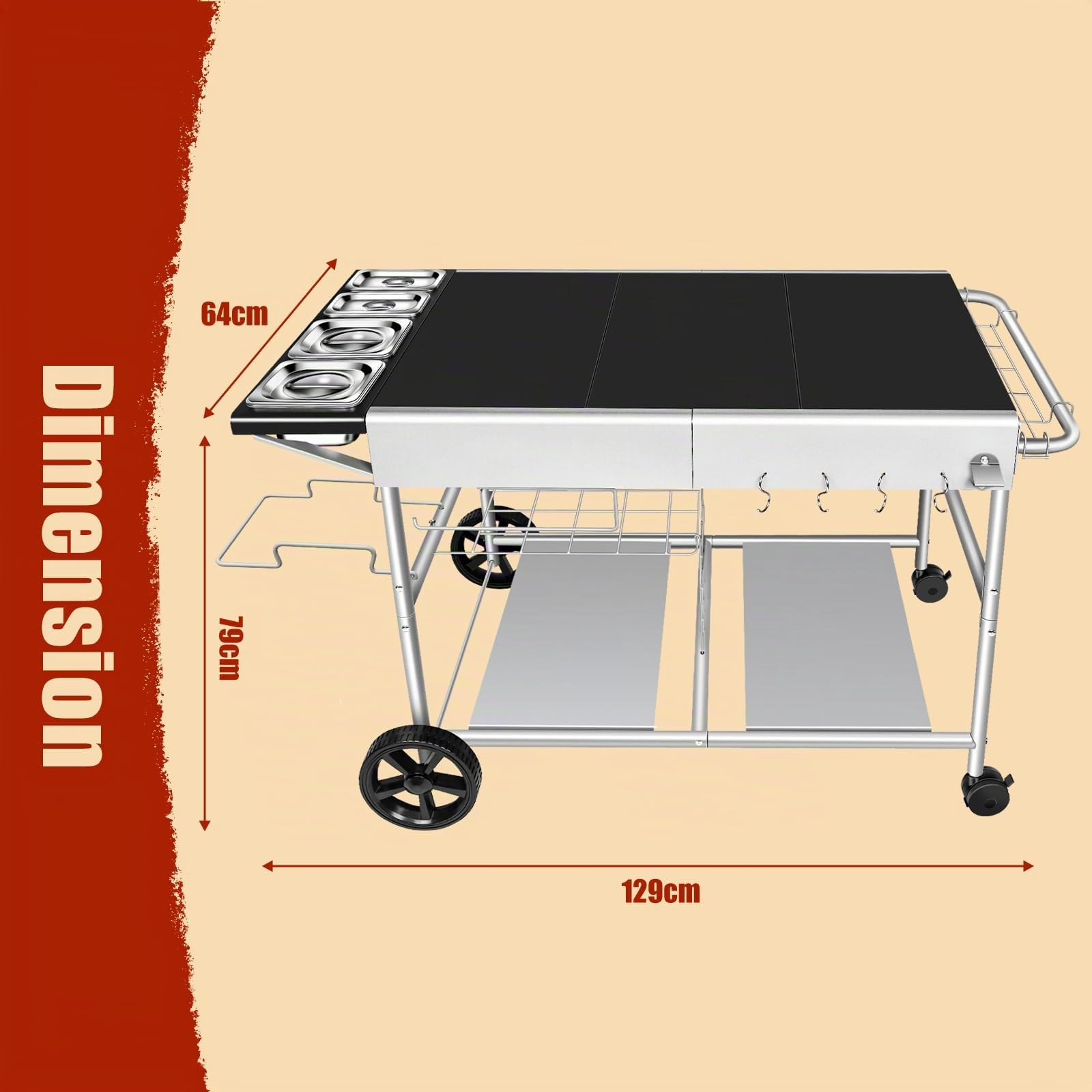 Denmay 128 x 66 x 78 cm - Chariot de barbecue pour la série Weber Q, Ninja Woodfire, four à pizza, barbecue de table, four à pizza, chariot de service avec grande surface de travail, table de barbecue