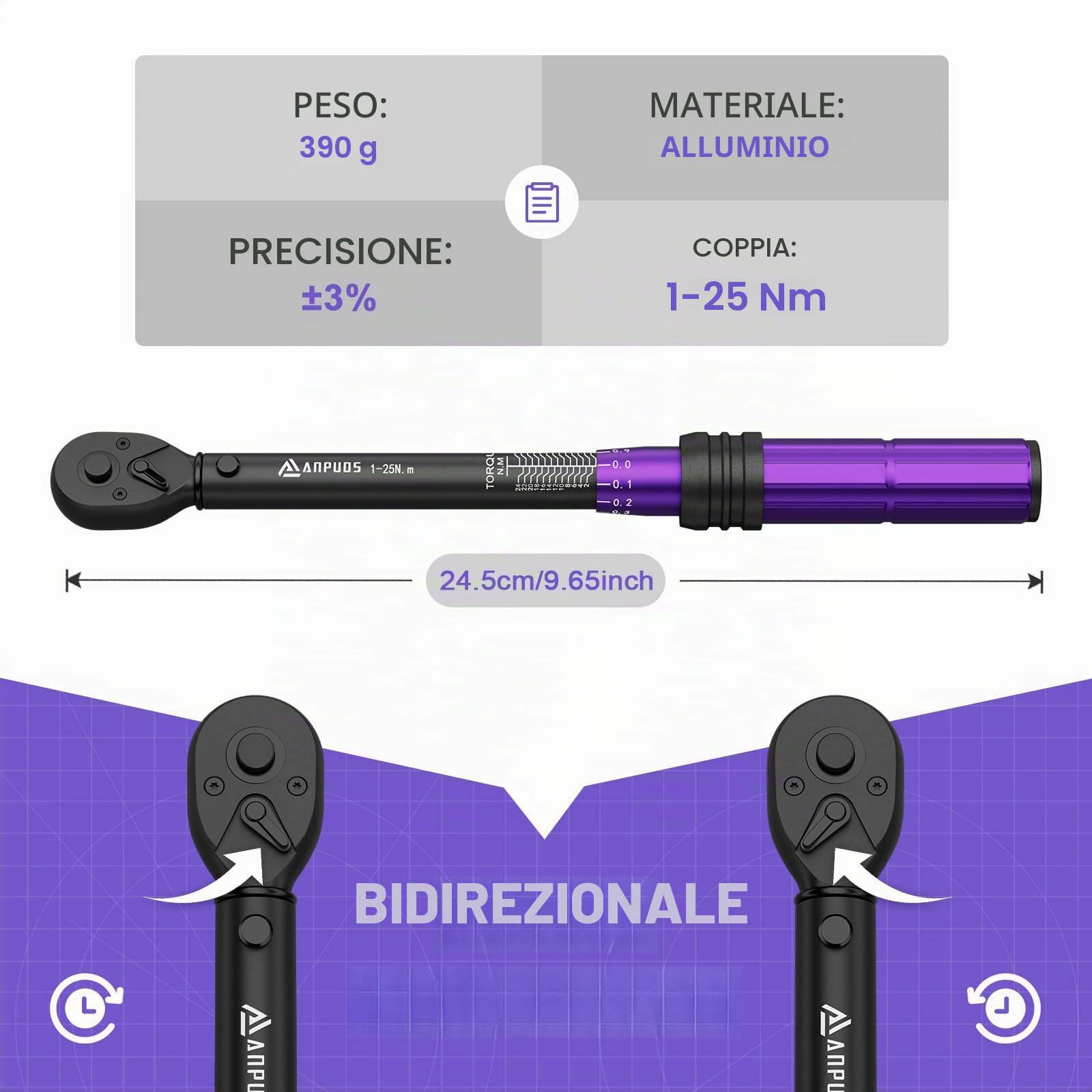 ANPUDS Chiave Dinamometrica 1/4”, 1-25 Nm Chiave Dinamometrica Bici e Moto con 0,1 Nm Microregolazione, Testa Bidirezionale a 72 Denti, Precisione ± 3% per Bici da Strada e Mountain