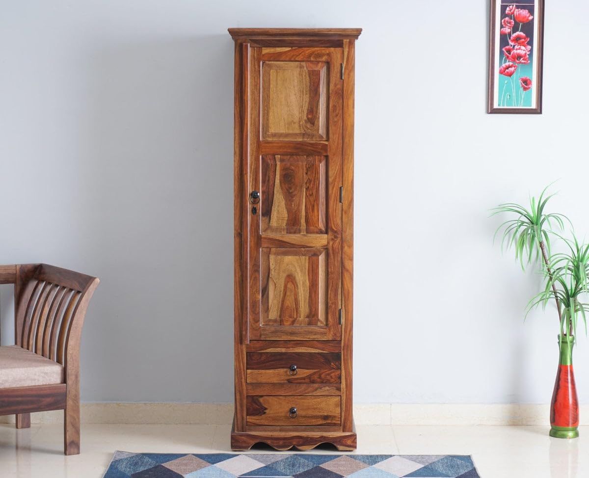 MADE WOOD Sheesham Wood Single Door Wardrobe with Drawer, Teak Finish Solid Wooden Almirah for Bedroom Storage, Pre-Assembled Compact Wardrobe Cabinet-image-21