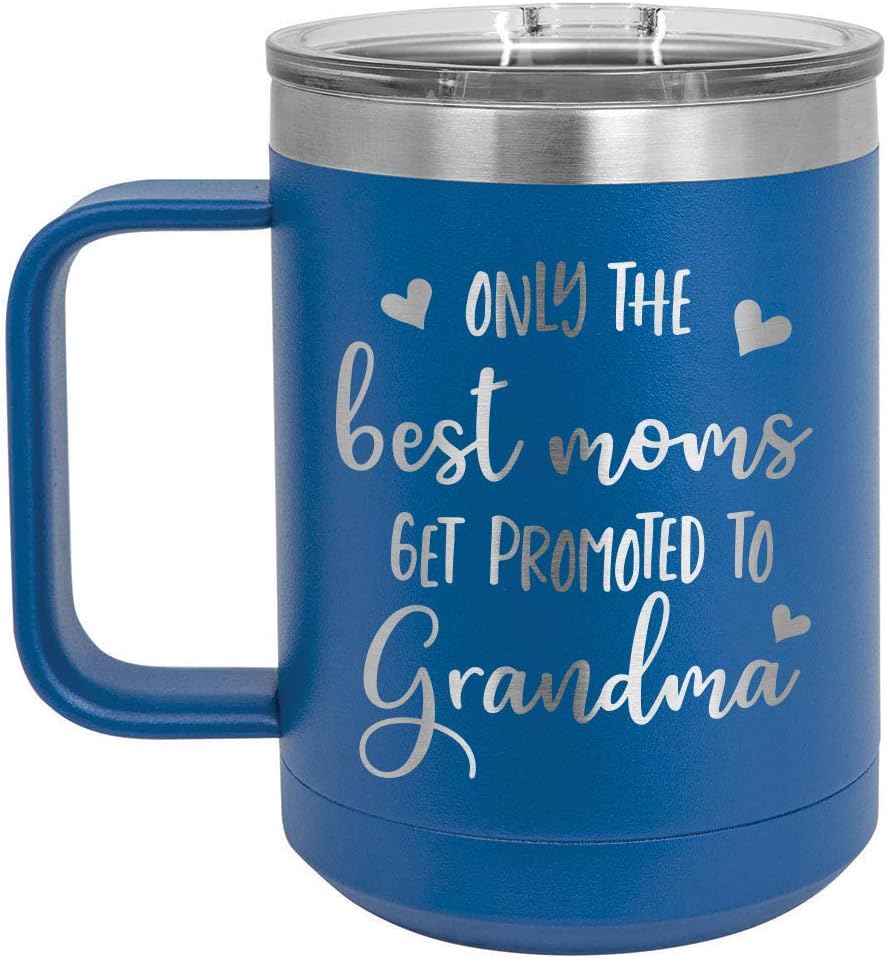 ONLY THE BEST MOMS GET PROMOTED TO GRANDMA Coral 15 oz Coffee Cup w/Slide Top Lid | Insulated Travel Coffee Mug | Birthday Or Christmas Gift Ideas From Women or Men | Compare To Yeti Rambler