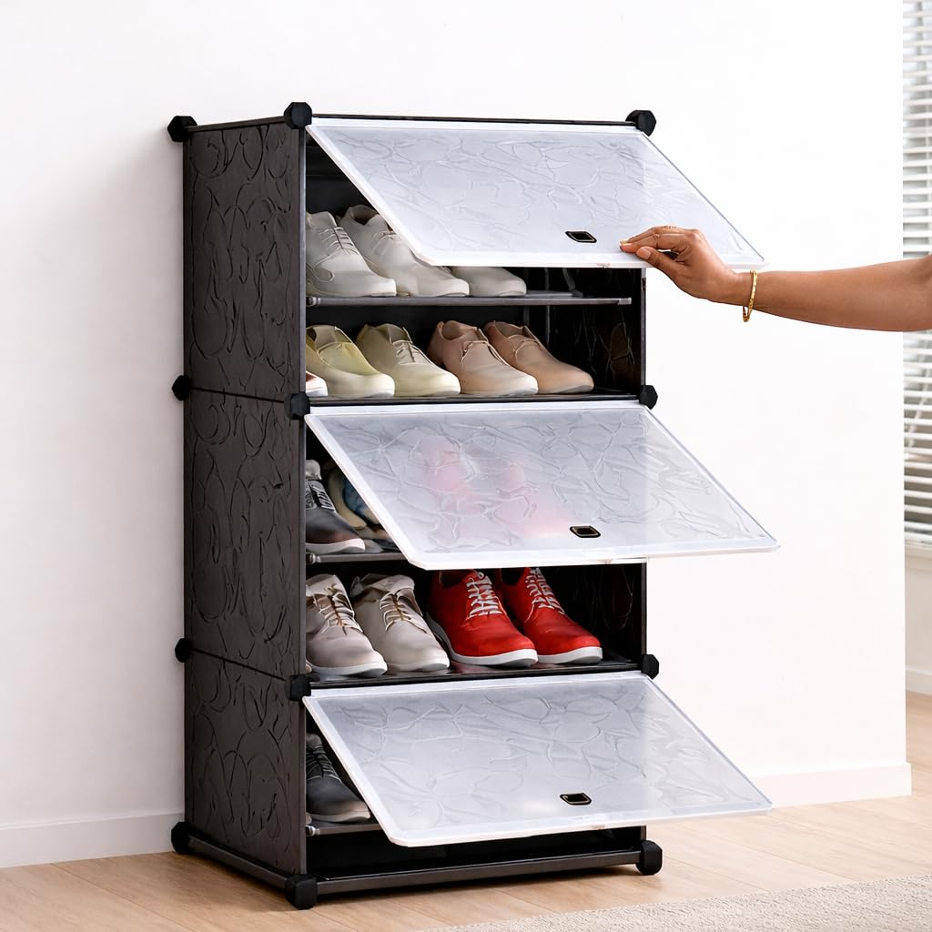 DecorTwist® Modular Plastic Storage Cabinet with Doors | DIY Shoe Rack & Multipurpose Organizer for Home | Available in Plain & Patterned Panels (Black – Plain Door, Triple Door | 6 Shelves)-image-33