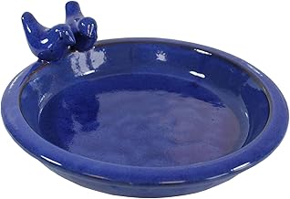 colourliving | Vogeltränke Winterfest rund 30 cm | Noble Keramik glasiert | Vogelbad mit 2 Deko Vögel | Vobelbecken Garten (blau)