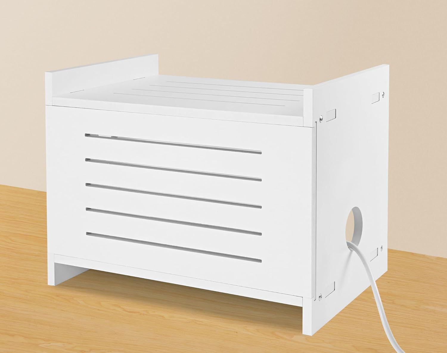 White Router Shelf & Projector Stand - Solid Wood Wall-Mount Storage Box for Modem, Power Strip, WiFi Router, Cable Organizer with Ventilation Easy Assembly