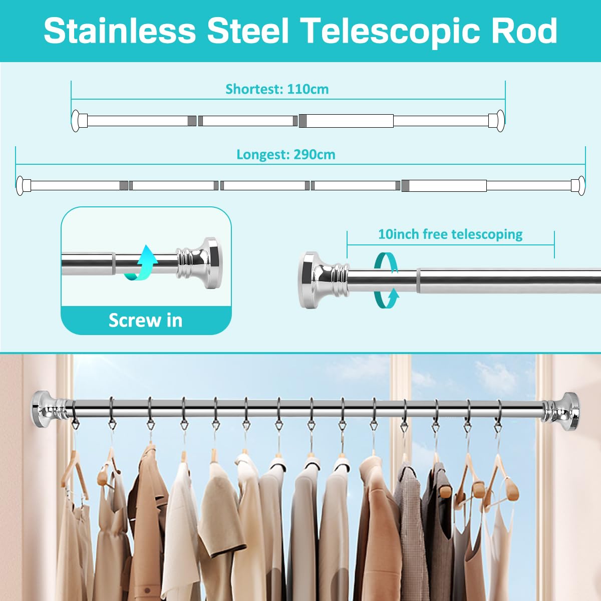Gordijnroede, zonder boren, 410-500 cm, 360-450 cm, 310-400 cm, geen boren, antislip, gordijnroede, klemstang, telescoopstang, voor badkamer, kledingkast, raam, ruimteverdeler, wit