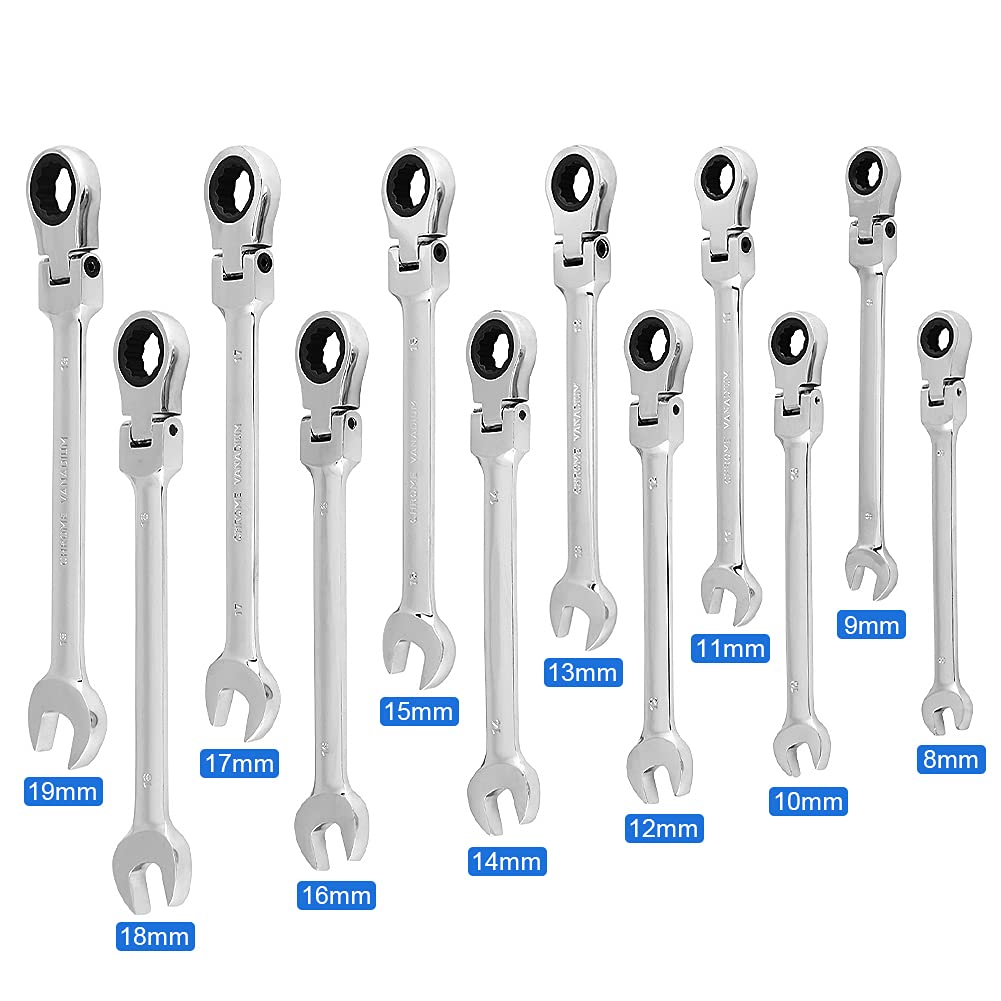 12 piezas Juego de llaves combinadas, 8-19mm Juego de Llaves de Trinquete Llave de boca abierta Llave Fija Carraca Combinadas para reparación de automóviles, mantenimiento industrial