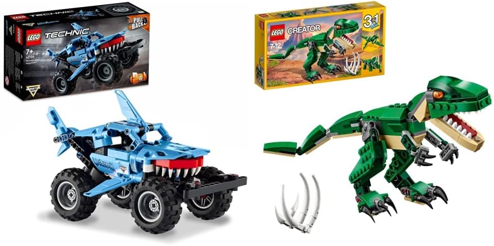 LEGO 42134 Technic Monster Jam Megalodon, Set de Construcción 2en1, Camión Tiburón o Coche + 31058 Creator 3en1 Grandes Dinosaurios, T. Rex, Triceratops o Pterodáctilo