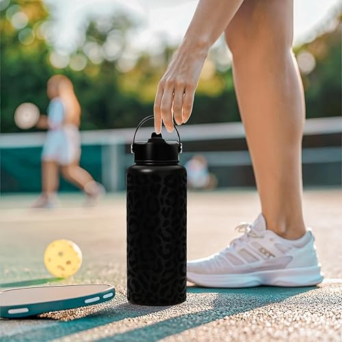 Miniatura 7 de Botella de agua de leopardo de acero inoxidable de 32 onzas, doble pared aislada al vacío con tapa, botellas de agua con estampado de leopardo para