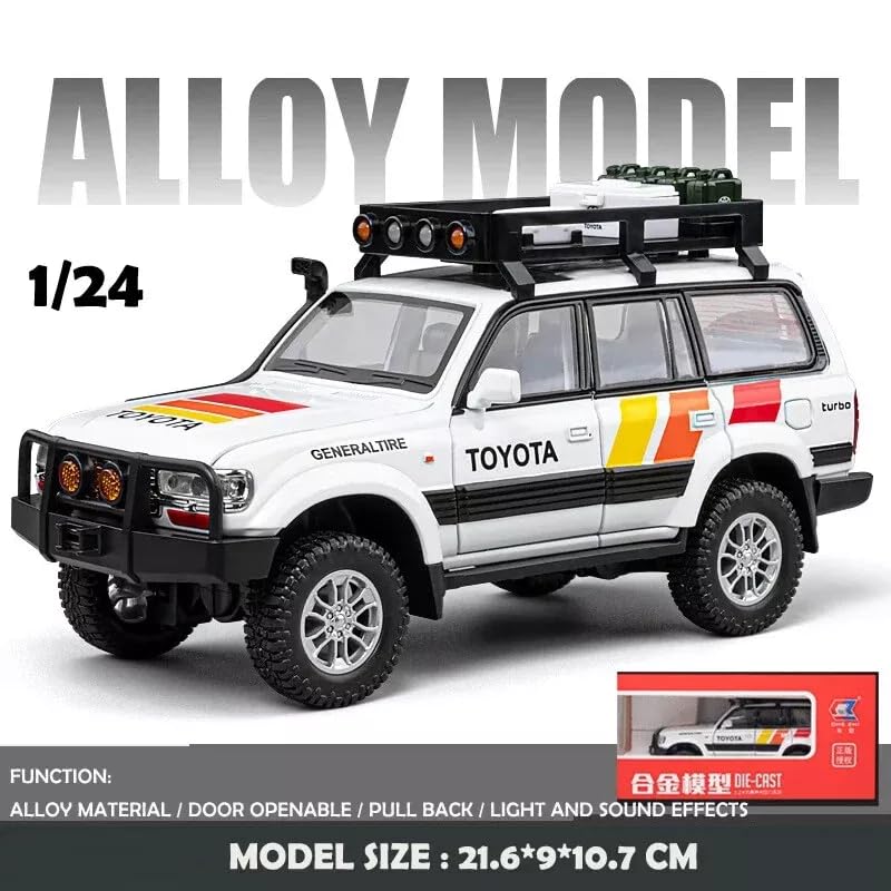 Image of 1:24 Scale Diecast Land Cruiser LC80 Model Car - Metal Pull Back Toy with Opening Doors, Lights & Sounds - Collectible Toy SUV for Boys Age 3-8, Certified Safe Gift for Kids (White)