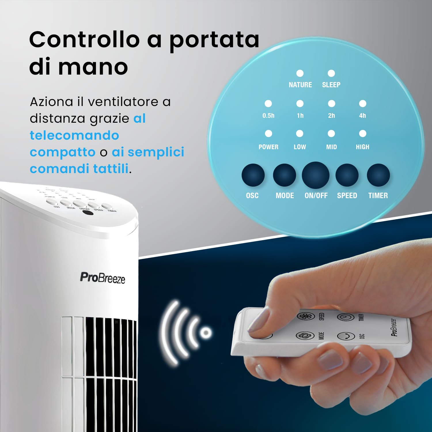 Pro Breeze Ventilatore a Torre Oscillante - 60W Con Timer 7,5 ore e Telecomando - Oscillazione a 70° Gradi e 3 Modalita di Raffreddamento- Altezza 79 cm