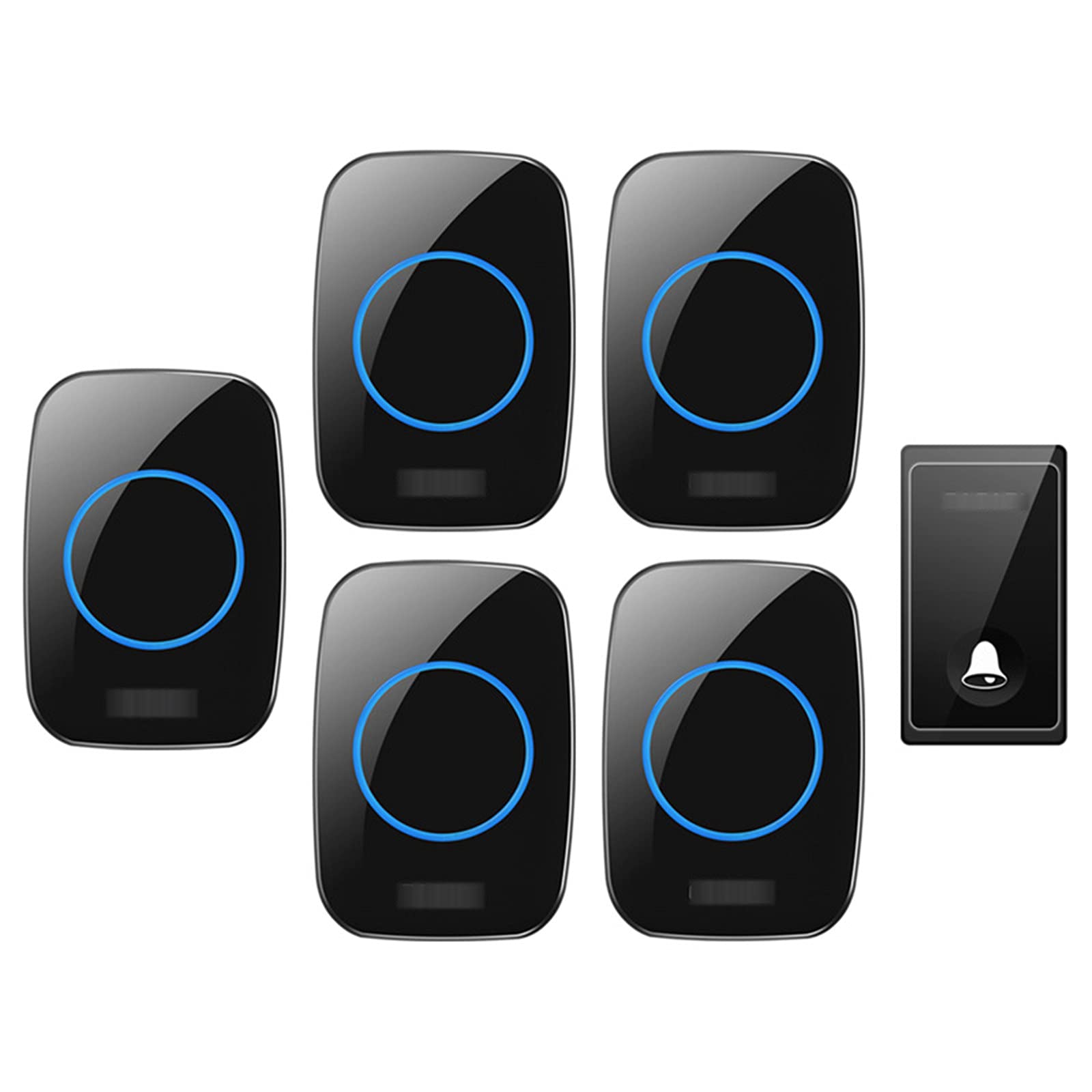 Campanello Wireless Impermeabile, campanelli a Lungo Raggio da 650 Piedi, 1 Pulsante e 5 ricevitori Plug-in Kit Campanello Senza Fili 58 campanelli, 4 Livelli di Volume, Nero, Nero
