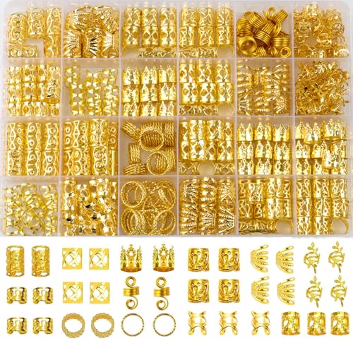 Cypsin 300 Pcs Gold Hair Jewelry for Braids 12 Styles Dreadlock Accessories Adjustable Metal Hair Clips Hair Cuff Coils Rings Braiding Decorations for Women Men