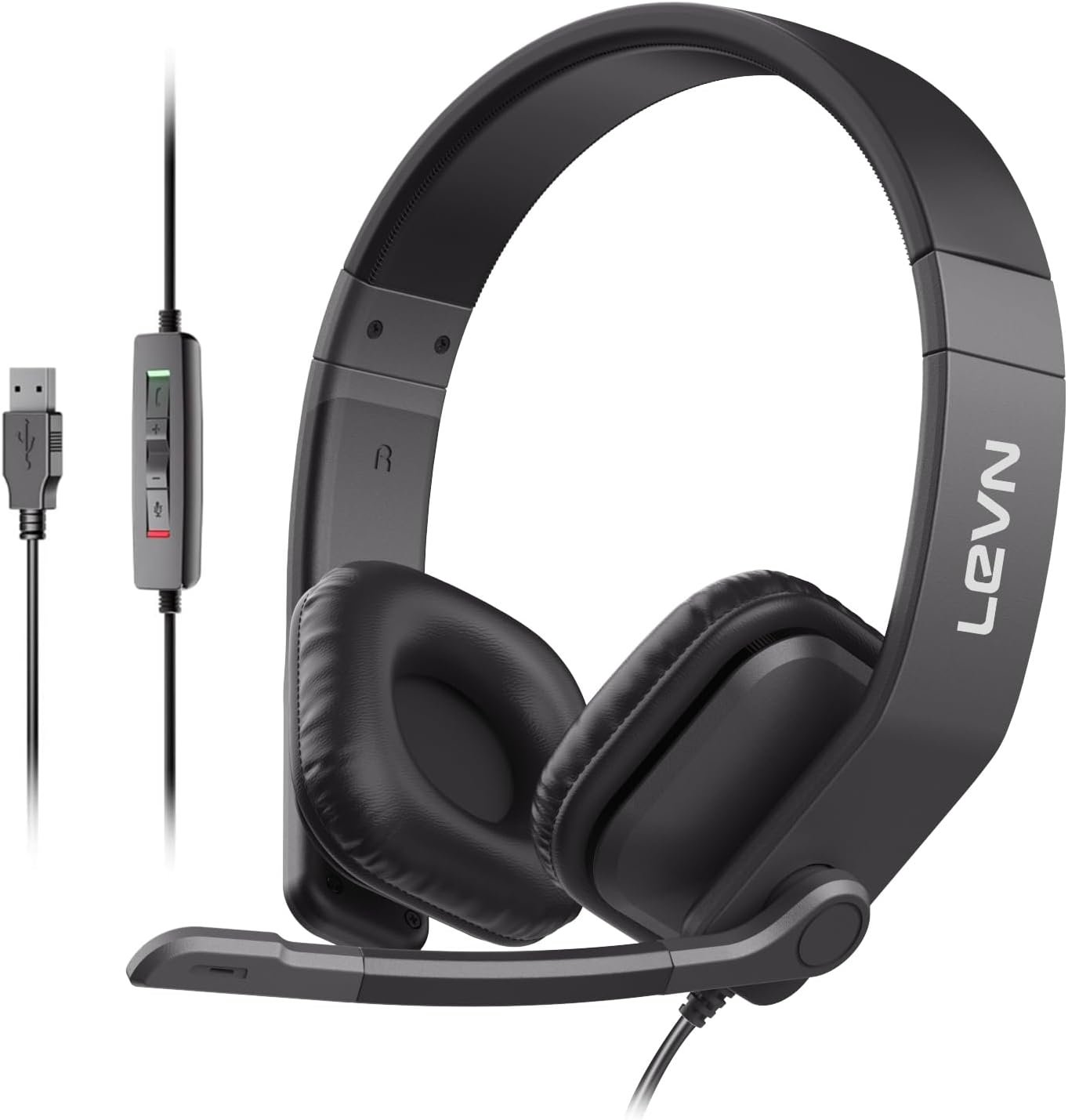 LEVN Headset with Microphone for PC, USB Headset with Microphone, Wired Headset with in-line Controls & Mute Button, Computer Headset for Work from Home/Call Center/Office/Online Class/Teams/Zoom