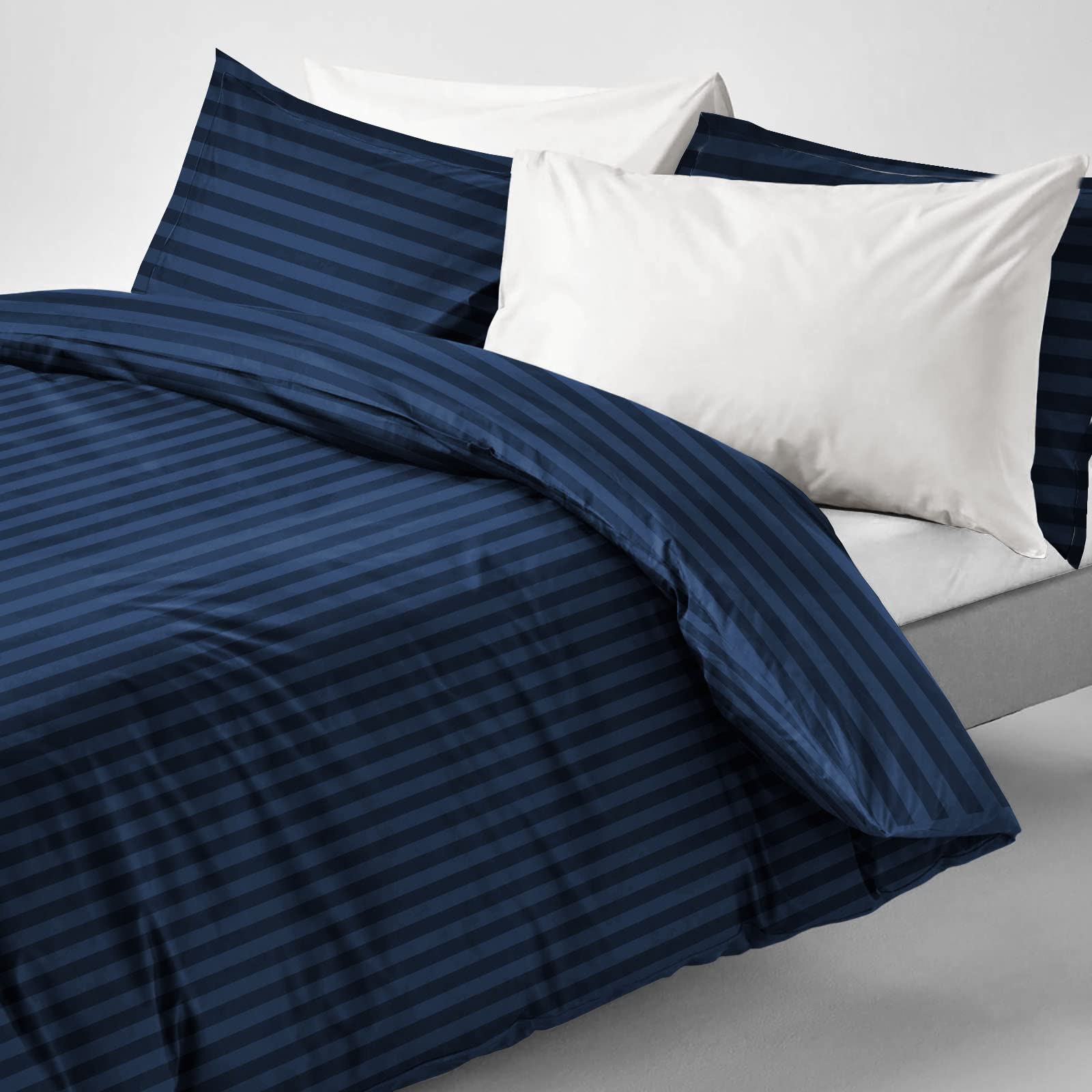 Imperial Rooms Double Duvet Set Reversible Stripes Satin Bedding Set including Pillowcases Breathable Microfiber Duvet Cover (Navy 200x200 Cm) - Image 3