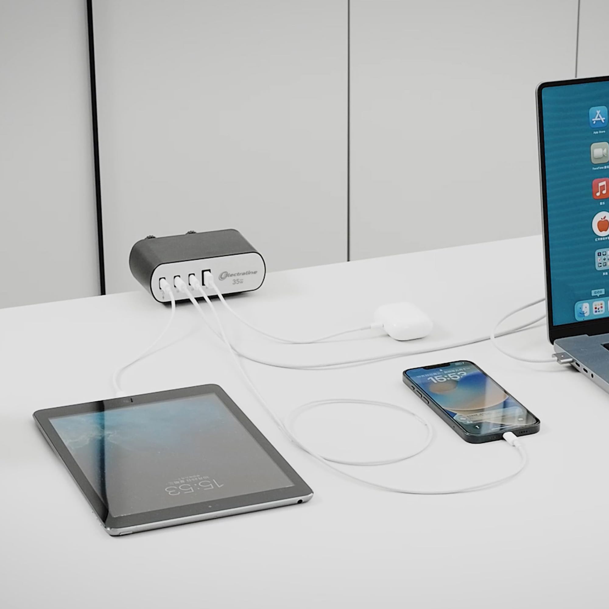 Electraline 62583 Electradock Bloc Multiprise Schuko 2 Voies + 4 Ports USB (1A + 3C PD35W) avec Câble de 2m, Multiprise Multiprise/Table