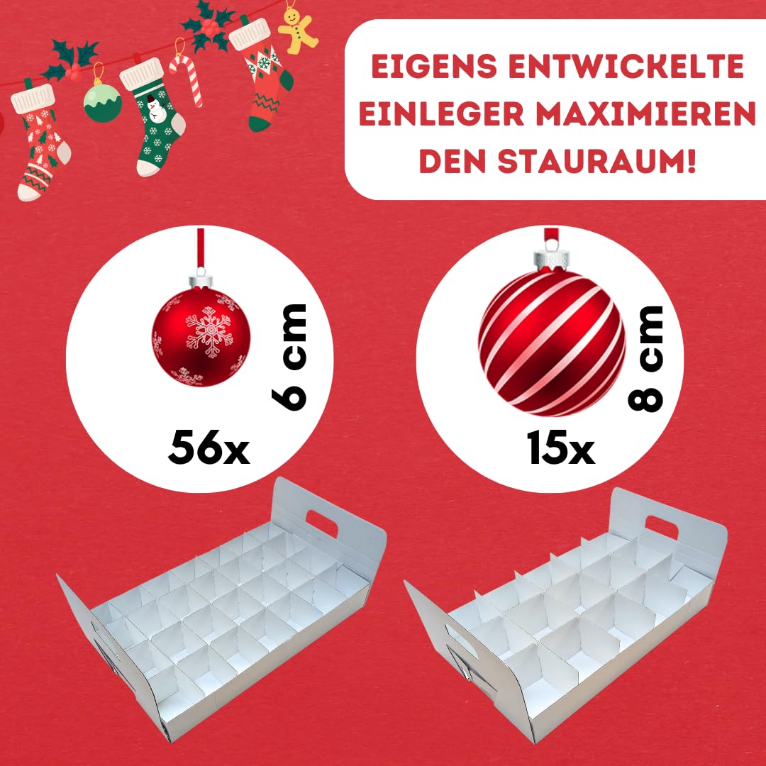 Weihnachtskugeln Aufbewahrungsbox für 71 Kugeln | Extrafach im Deckel | Große & stabile Glitzer-Weihnachtsbox | Verschließbarer Deckel | Christbaumkugeln | Christbaumschmuck | Deko