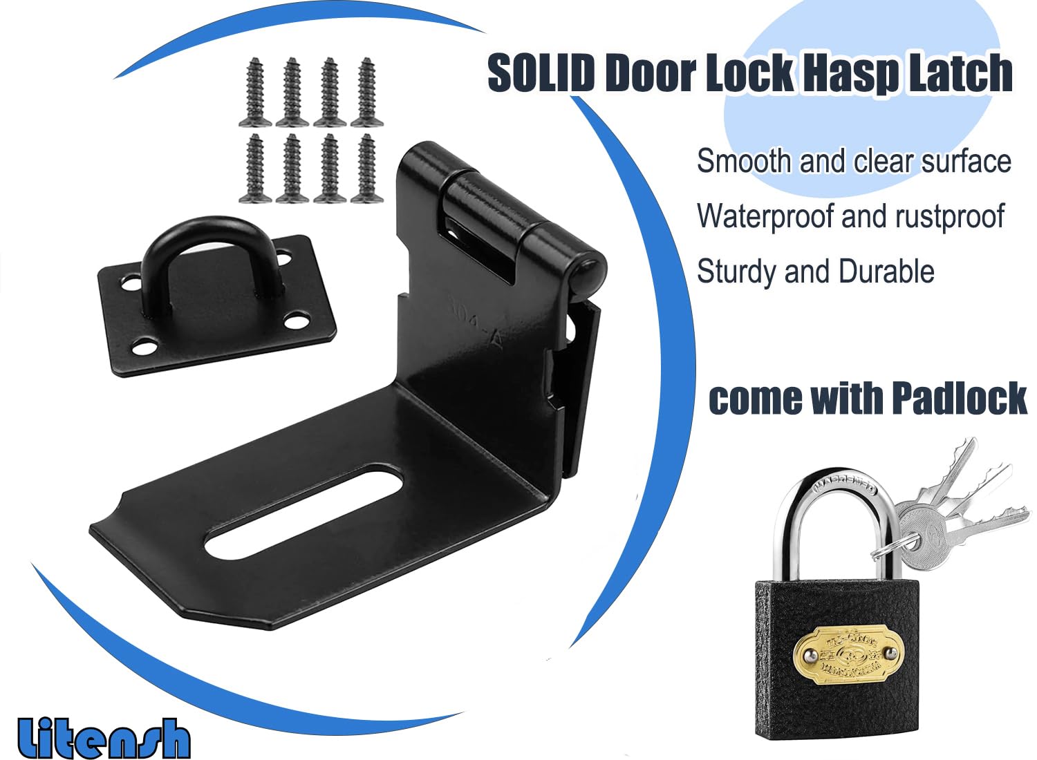 Litensh 3 Inch 90° Right Angle Stainless Steel Door Locks Hasp Latch with Padlock, Safety Packlock Clasp Hasp Lock Latch - Image 2