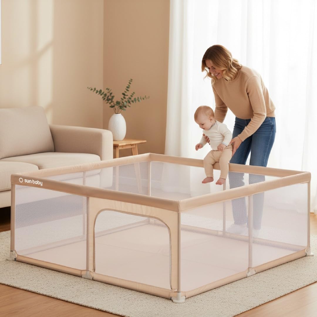 sun baby Laufstall mit grün Griffen 150x200 cm 0-2 Jahre Beige, Polyester, Netzwände, Eingang mit Reißverschluss, rutschfeste Füße, Tragetasche im Set, Metallrahmen