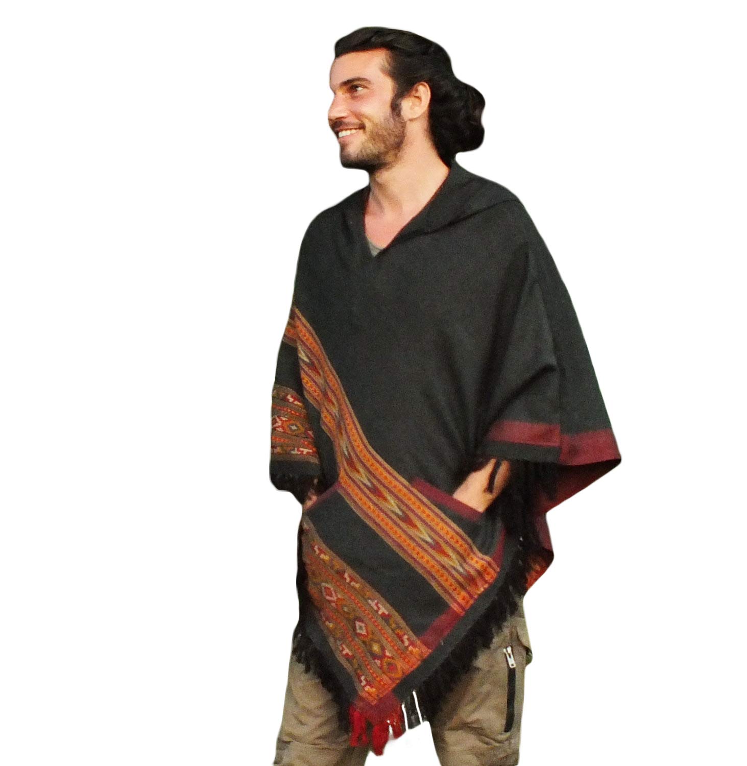 Poncho gris hecho a mano con capucha de lana YAK, patrón tribal terroso Festival Gypsy AJJAYA Mens Wear invierno cálido primitivo alternativa natural, gris, Taille unique