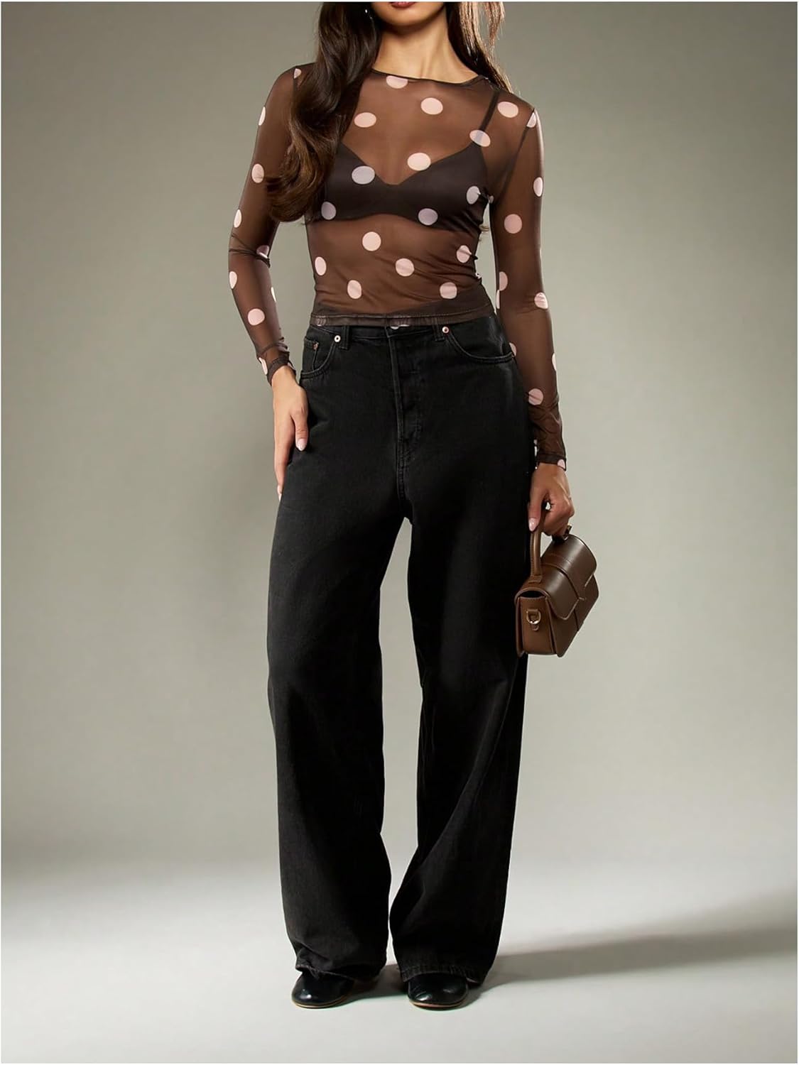 Milumia Women's Polka Dots Mesh Top See Through Long Sleeve Fitted Going Out Rave Crop Tee - Image 5