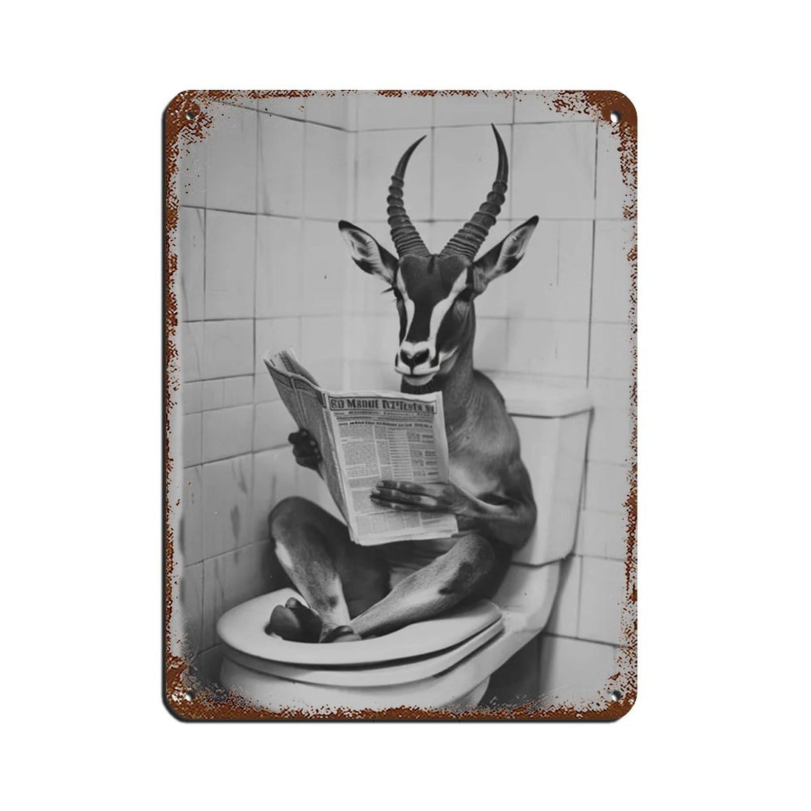 Impala Sitting on The Toilet Reading A Newspaper Retro Poster Metal Tin Sign Chic Art Retro Iron Painting Bar People Cave Cafe Family Garage Poster Wall Decoration 12x16inch(30x40cm)