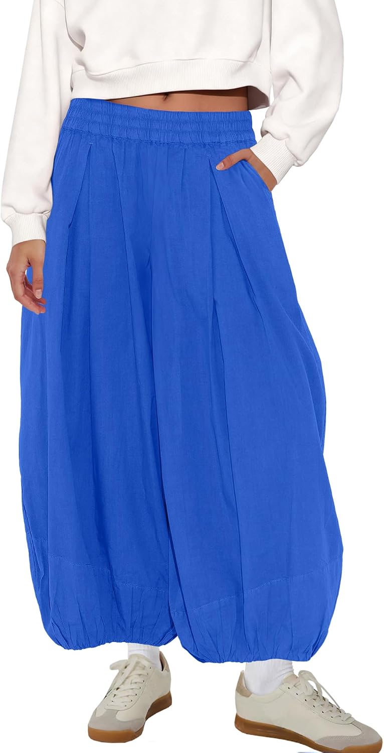 ReachMe Womens Elastic High Waist Wide Leg Barrel Pants Flowy Baggy Balloon Trousers Summer Beach Pants Vacation Outfits