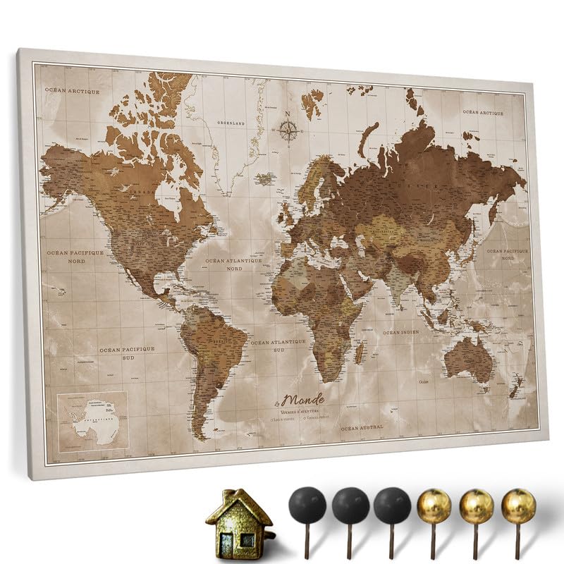 Carte du monde en toile avec tableau d'affichage en liège - Labels en Français - Décoration murale décorative pour toutes les pièces - Tableaux sur toile...