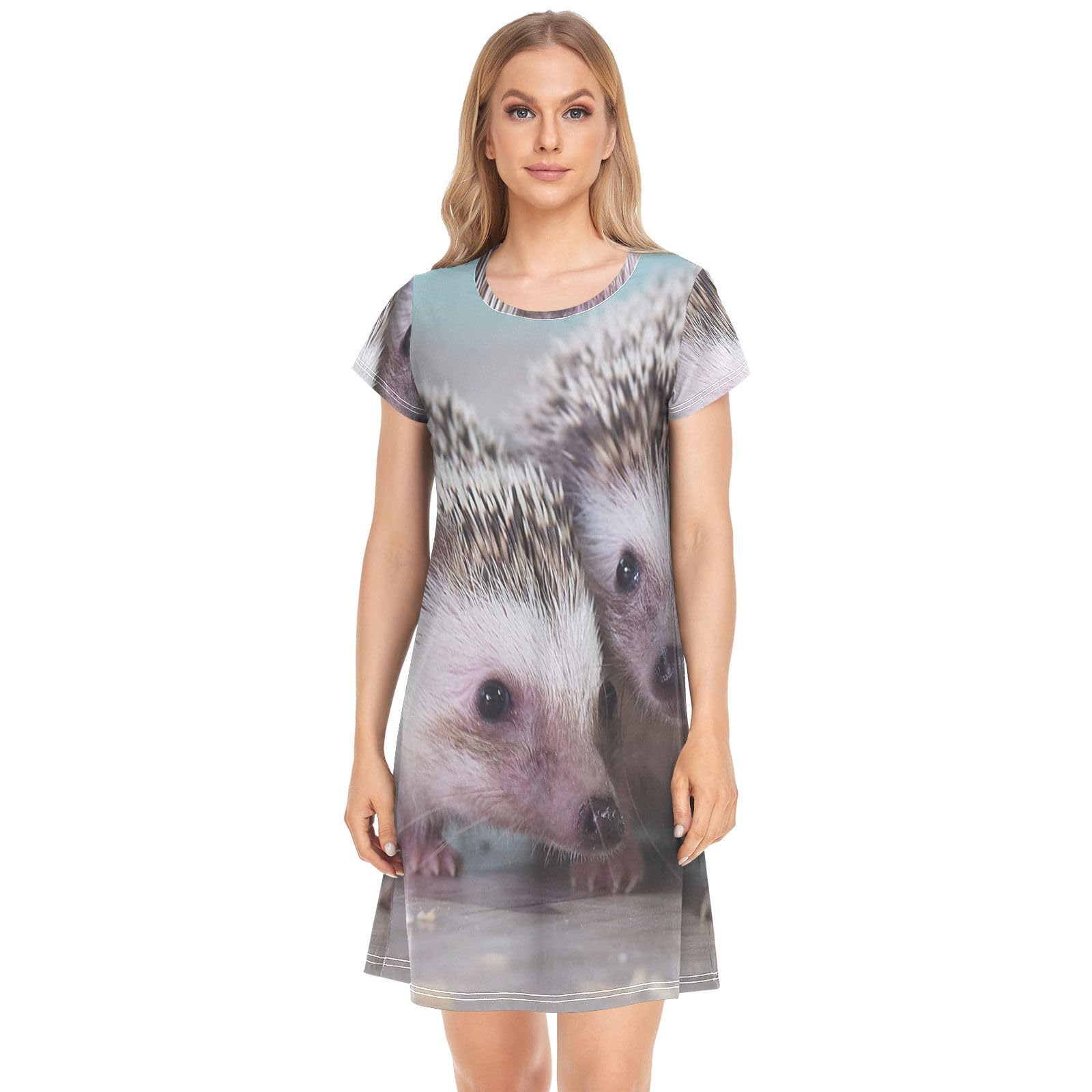 YOUJUNER Women's Nightdress Cute Hedgehog Print Nighties Nightgown Short Sleeve Nightshirt Sleepwear Loungewear T-Shirt Dress