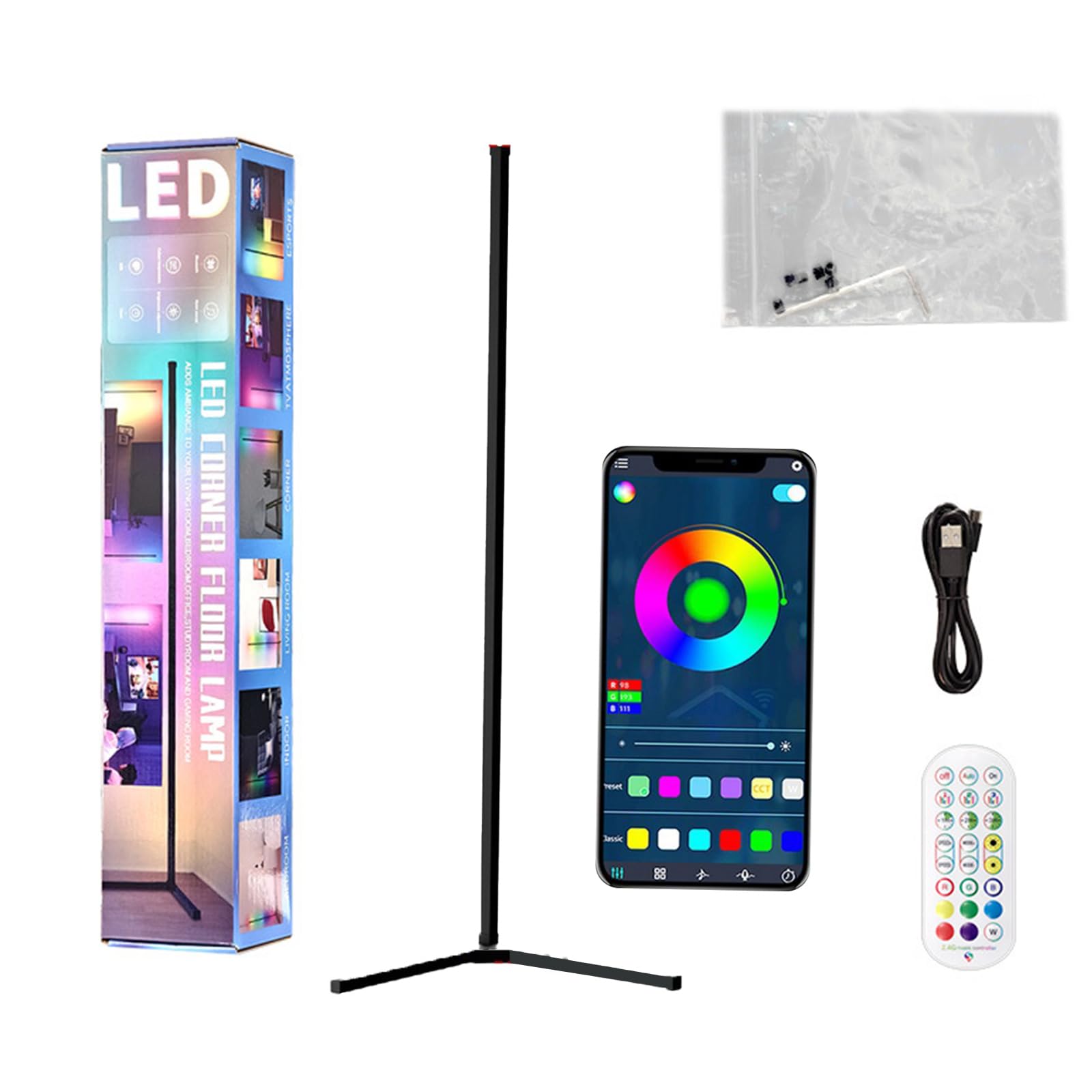 ksxnkhk Led Floor Lamp, Rgb Corner Lamp with App and Remote Control, 1.42m Standing Light, 16 Million Diy Colors, Music Sync, Remote, Dimmable, for Living Room, Bedroom black