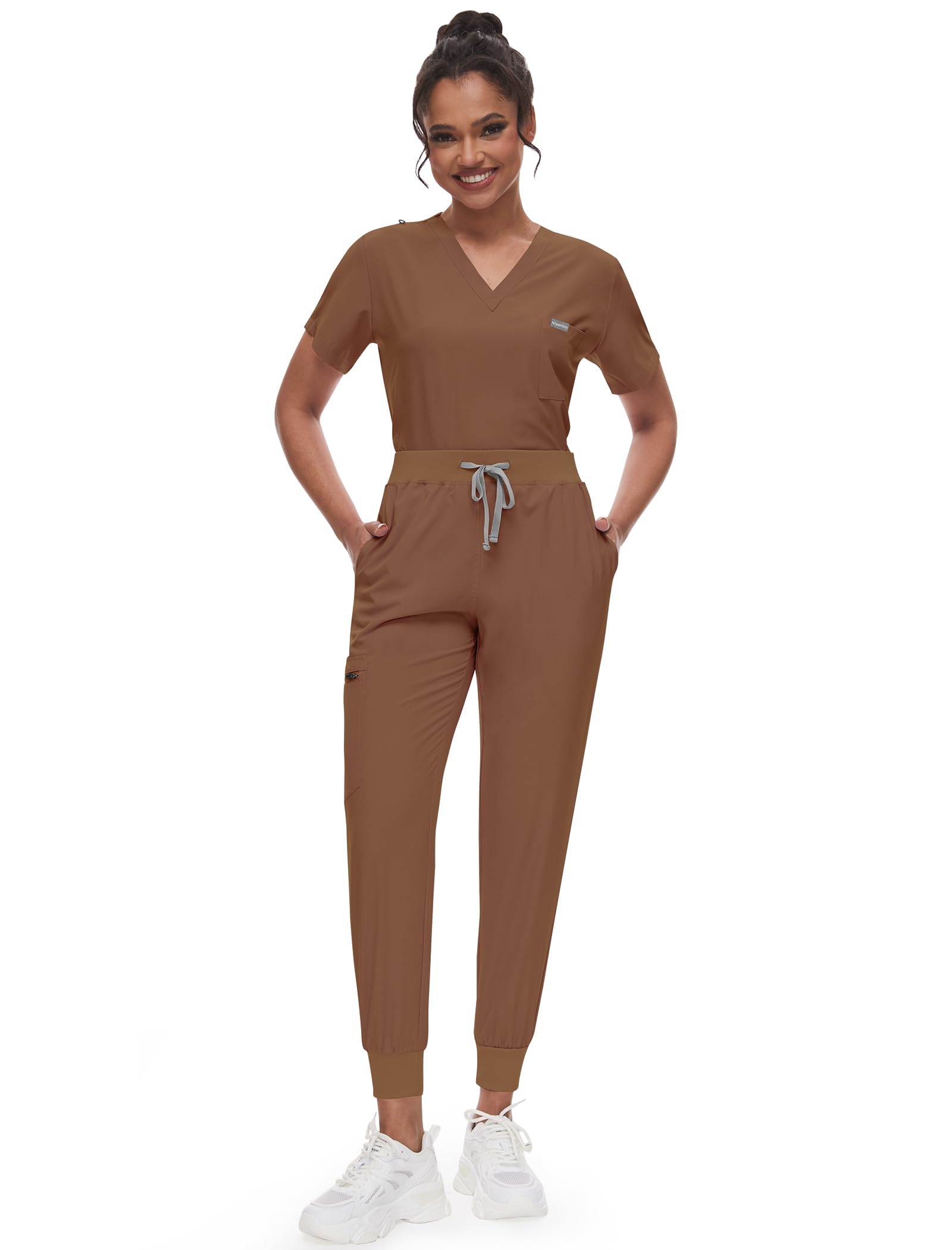 niaahinn Scrubs for Women Set - Classic V-neck Top & Yogga Waistband Jogger Pants with 8 Pockets Breathable Slim Fit Suit (Brown,M)