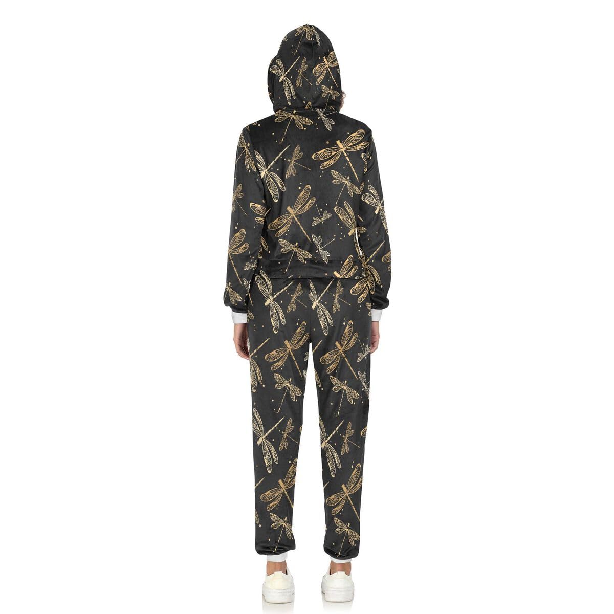 Conjunto deportivo de 2 piezas para mujer, diseño de libélula negra, conjunto deportivo de manga larga, estampado floral