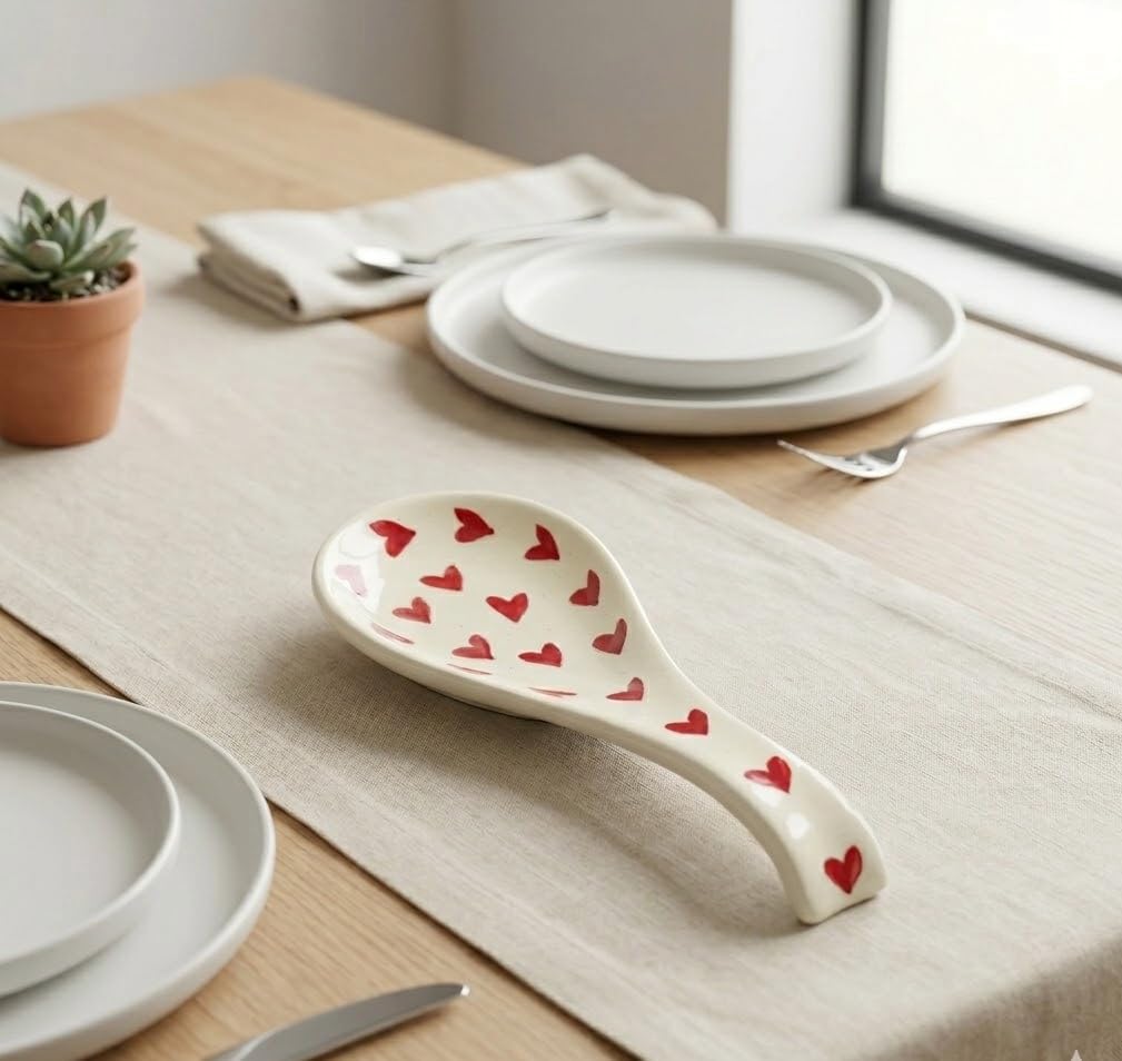 Brills Heart Design Ceramic Spoon Rest | 23 cm Large Utensil Holder for Kitchen Counter | Dishwasher Safe Drip Tray | Cute Red Hearts, Gift for Home & Kitchen (Pack 0f 1)