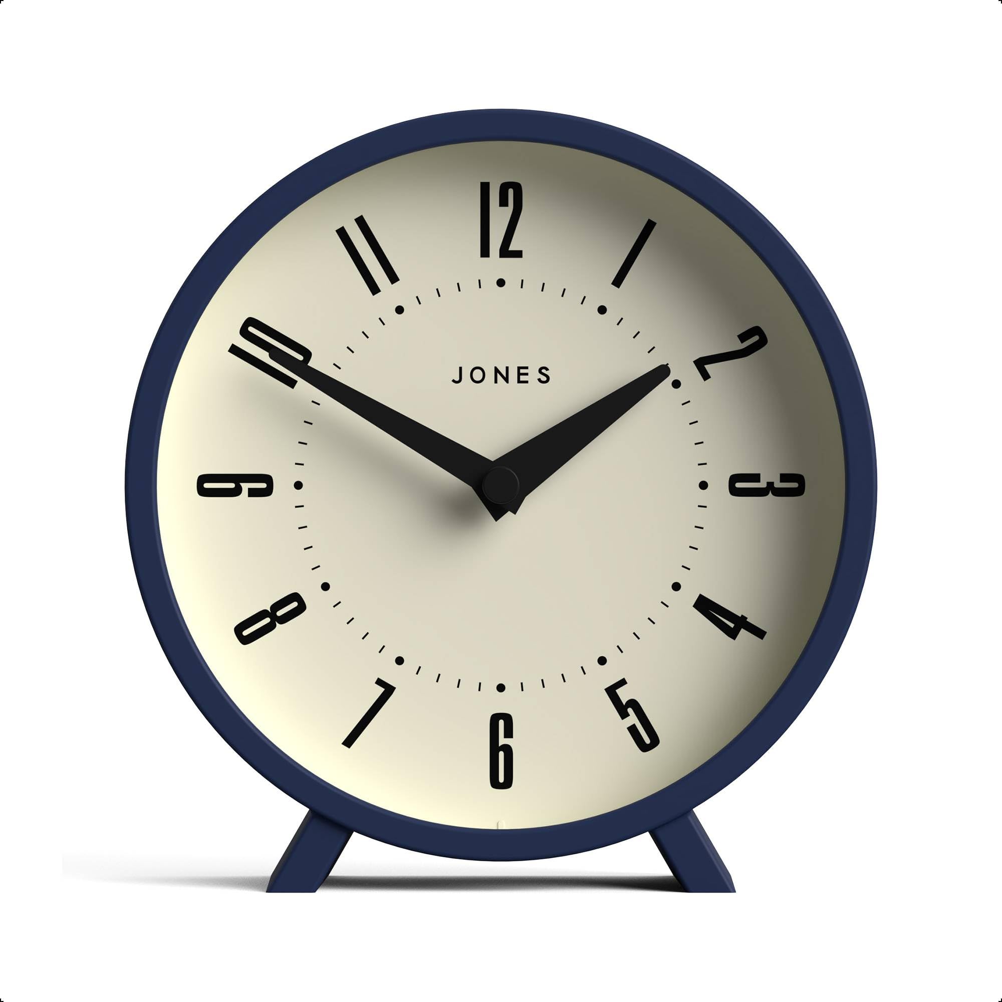 JONES CLOCKS® Venus Desk Clock | Modern Round Design | Blue | Stylish Retro Look for Shelf, Table, Mantel or Bedside