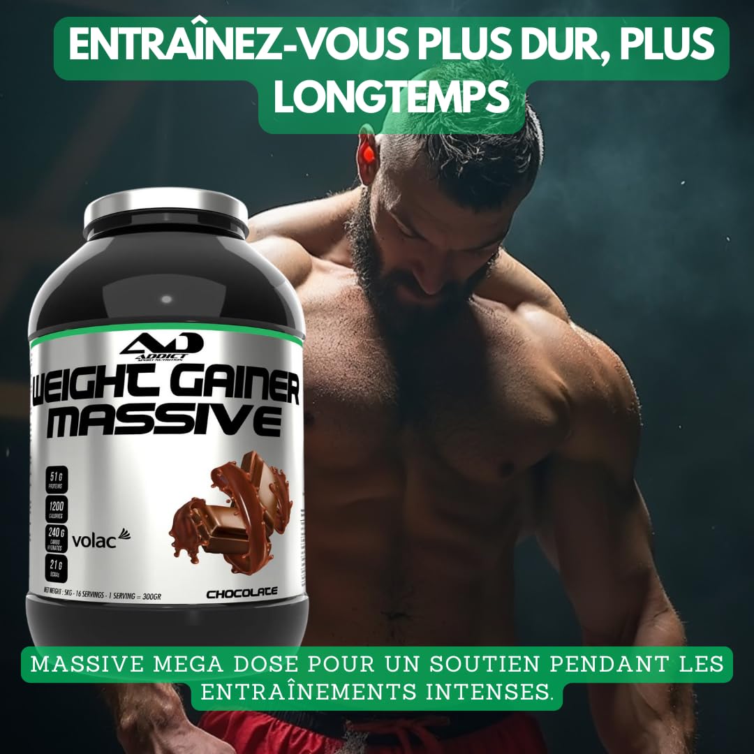 Addict sport nutrition - Weight gainer massive - Prise de masse musculaire avec protéine concentrée - Ultra calorique 1200 kcal par dose - 51g de protéine et 21g de BCAA - 2,5 kg - Goût cookie