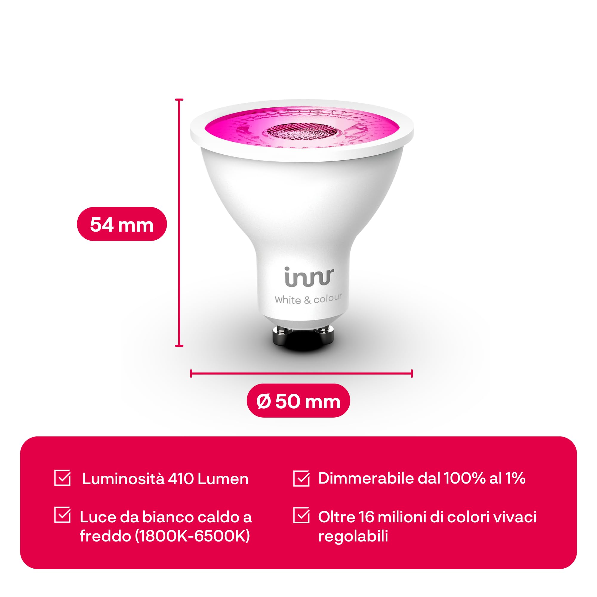 Innr Lampadina Smart GU10 2-Pack - Faretti LED Bianco Caldo 2700K Dimmerabili, Compatibili Con Hue, Alexa, Google (Bridge Richiesto) - 2