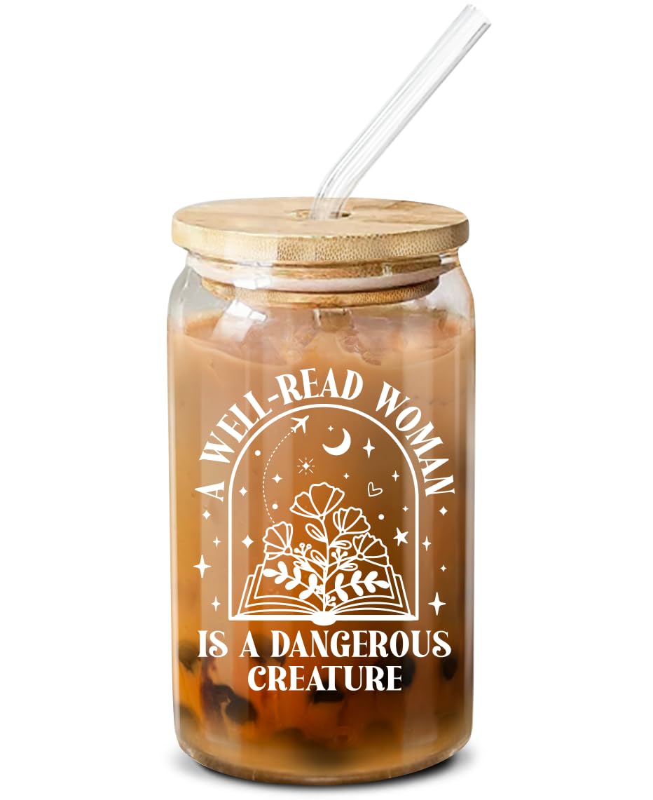 NewEleven Gifts For Book Lovers - Gift For Women - Book Themed Gifts for Readers, Librarians, Bookaholics - Birthday Present For Women, Her, Best Friend – 16 Oz Coffee Glass: Well read women CF