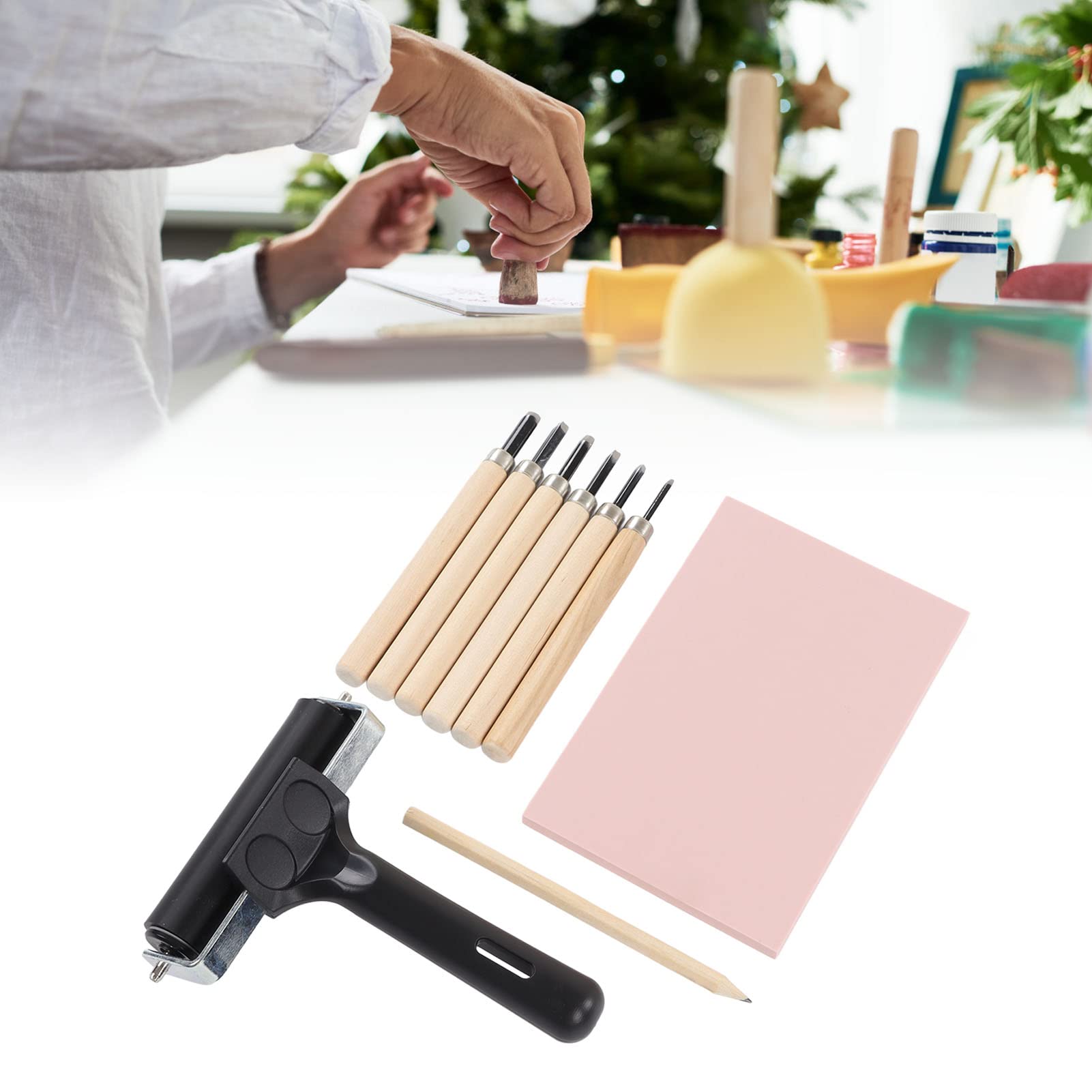Kit Complet Fabrication Tampons Caoutchouc - 2 Blocs Rose 4x6" + Coupe-Linoléum 6 Lames + Rouleau Brayer + Papier Calque