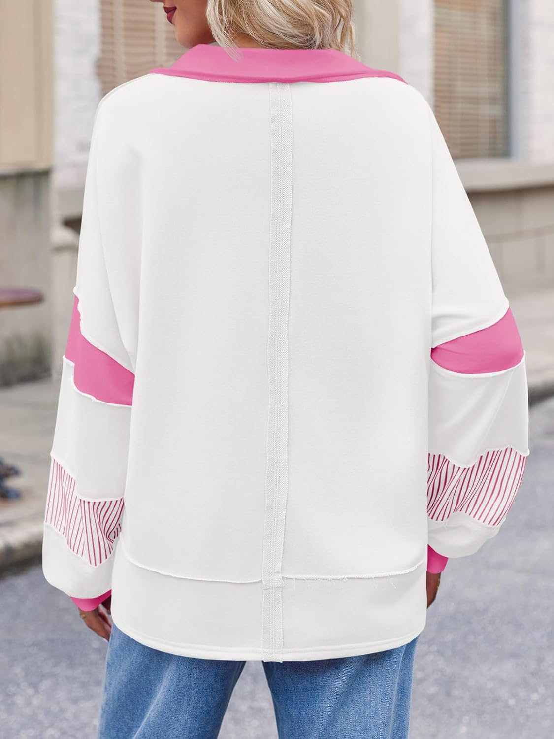 Fisoew Womens Color Block Oversized Sweatshirt Polo V Neck Long Sleeve Shirts Casual Loose Pullover Tops - Image 3