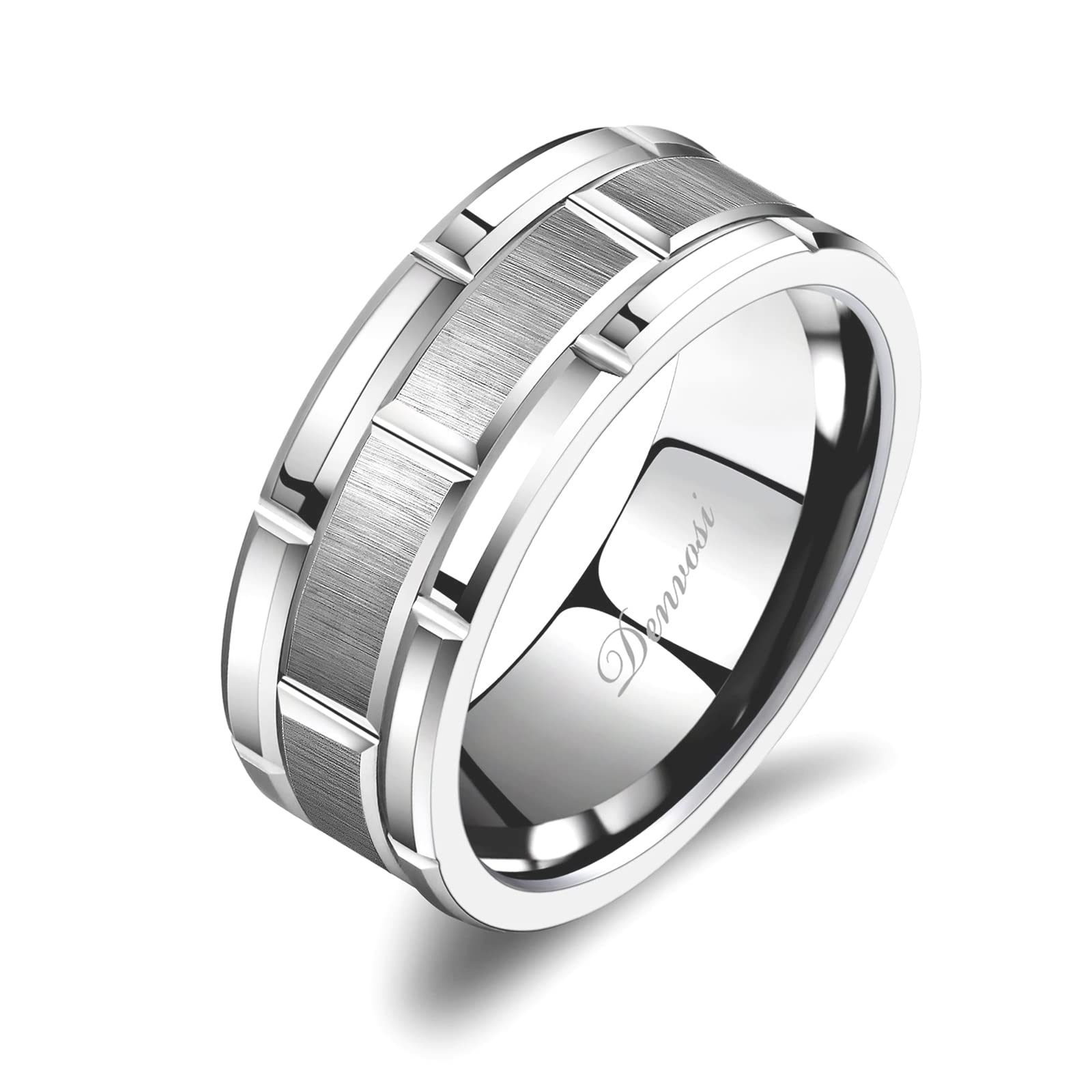 Denvosi Tungsten Ring for Men Wedding Band 8MM Silver Brick Pattern Matte Brushed Surface Engagement Anniversary Ring Fit Size 6-15