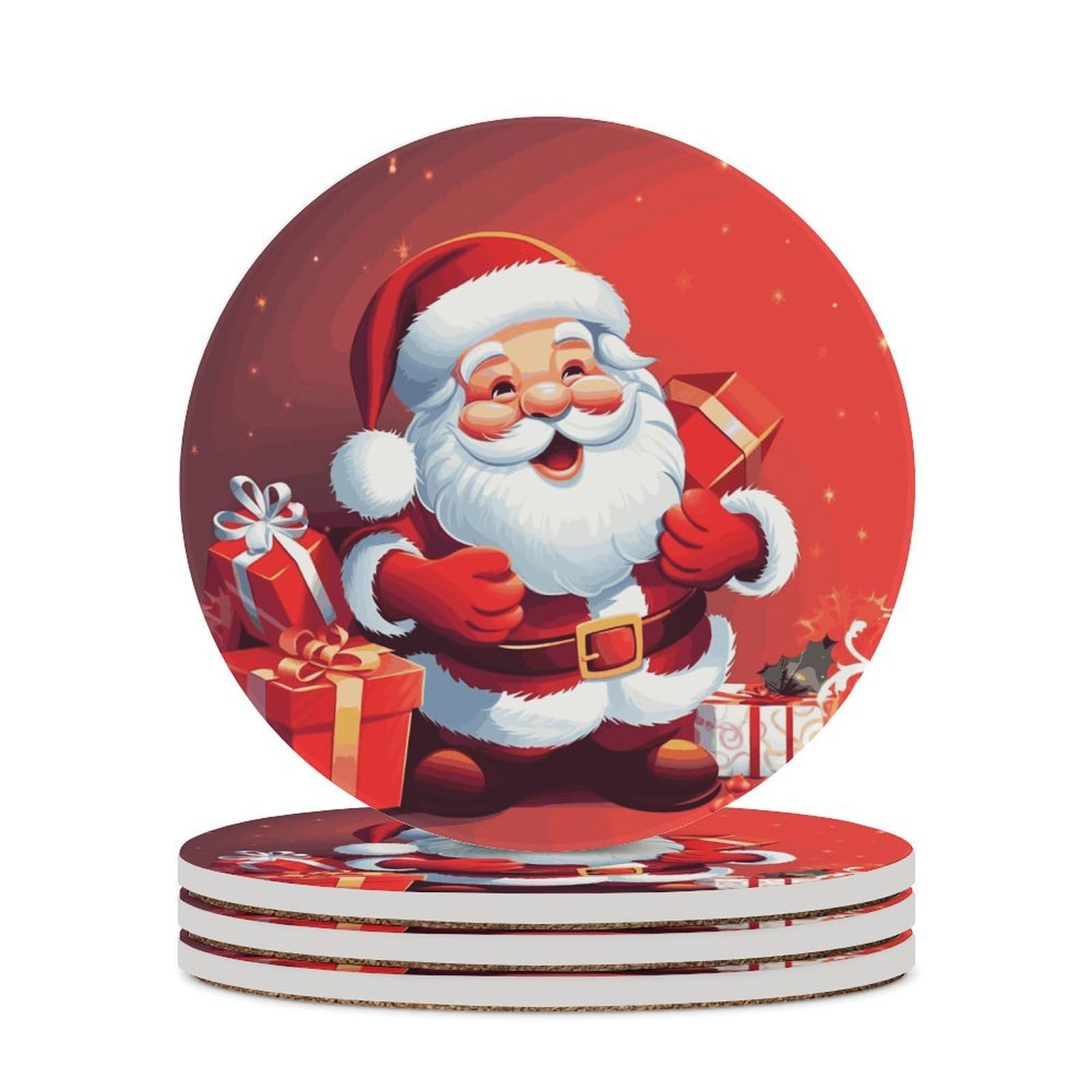 Khauerbc Style Santa Claus Xmas Gifts Drink Coasters With Holder For Coffee Table,Ceramic Coaster With Cork Base,Ceramic Stone Coaster For Iced Cold Or Hot Drinks,4.1 Inches